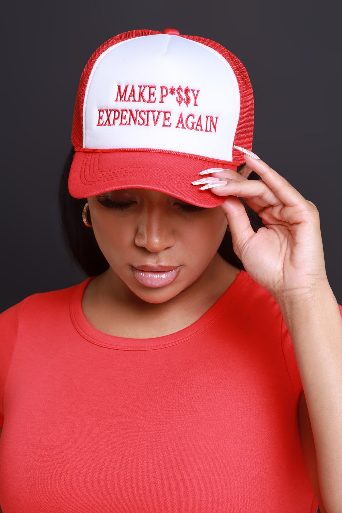 
              Expensive Again Graphic Trucker Hat - Red/White - Swank A Posh
            