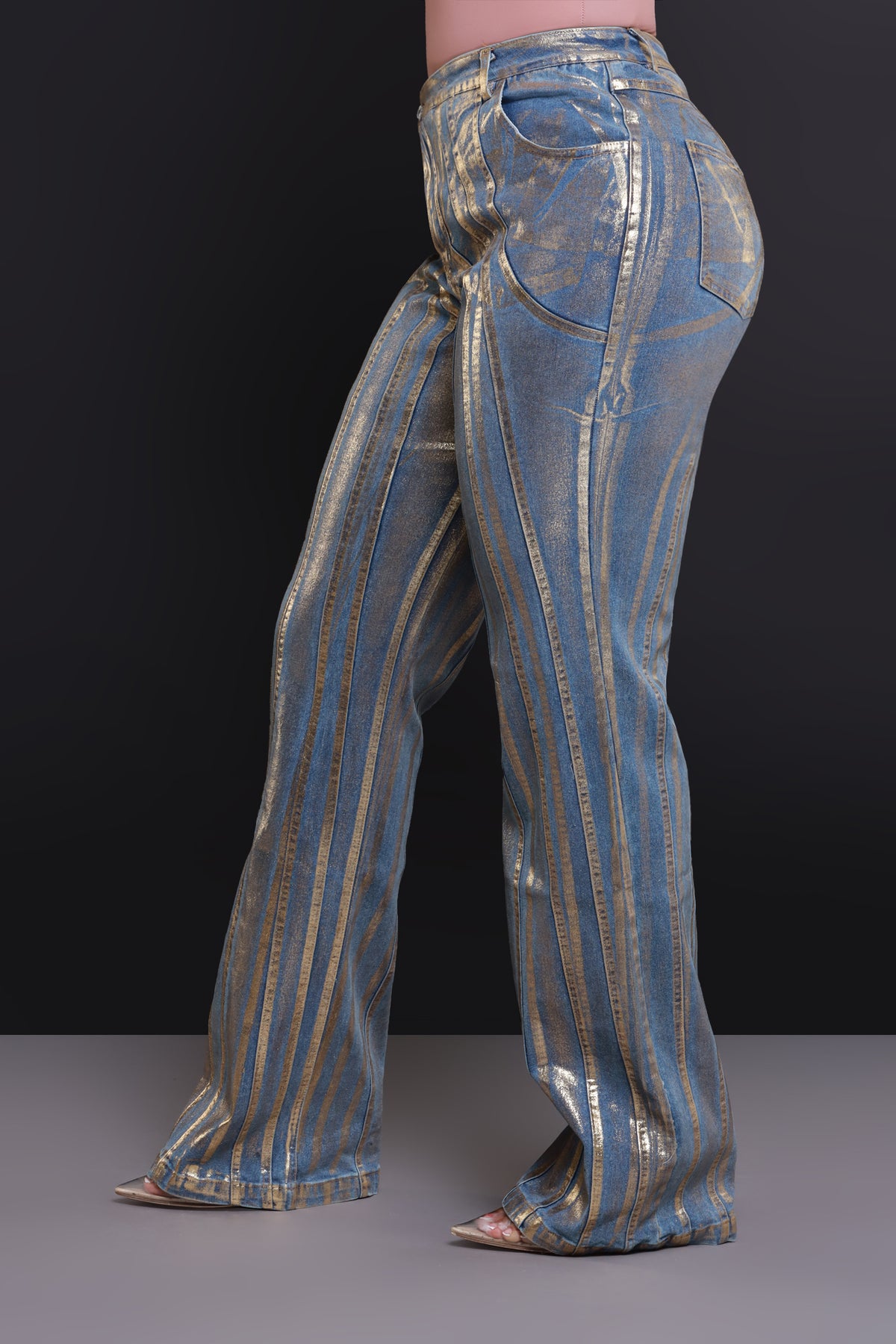 
              Blue Horizon Asymmetrical Metallic Flare Jeans - Blue/Gold - Swank A Posh
            