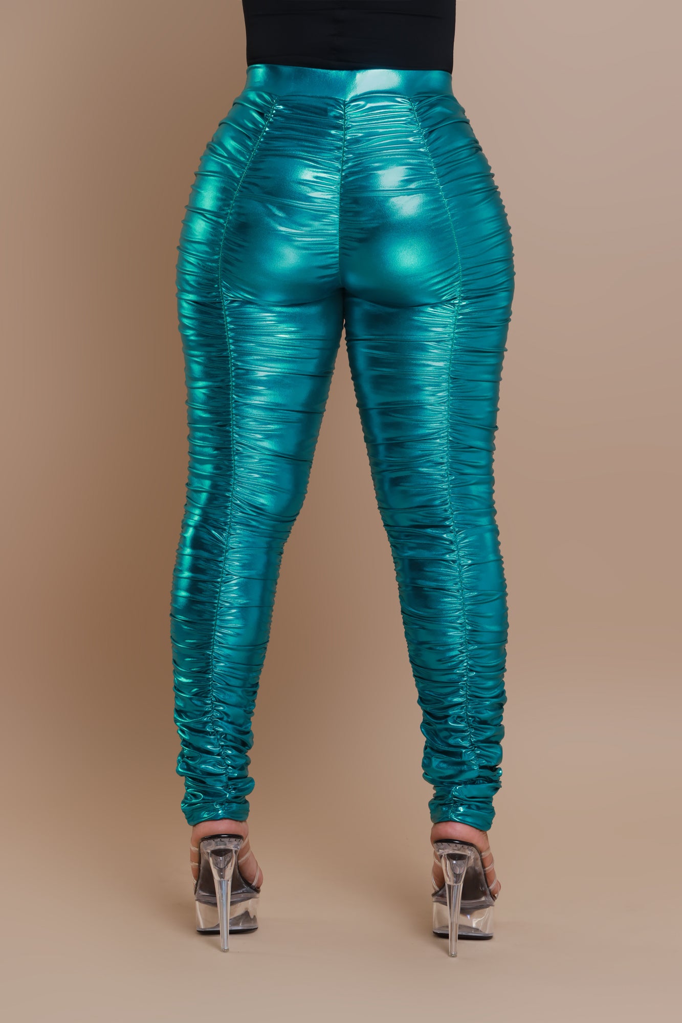 Be Honest Ruched High Waist Pants - Teal Metallic Leggings - Swank A Posh