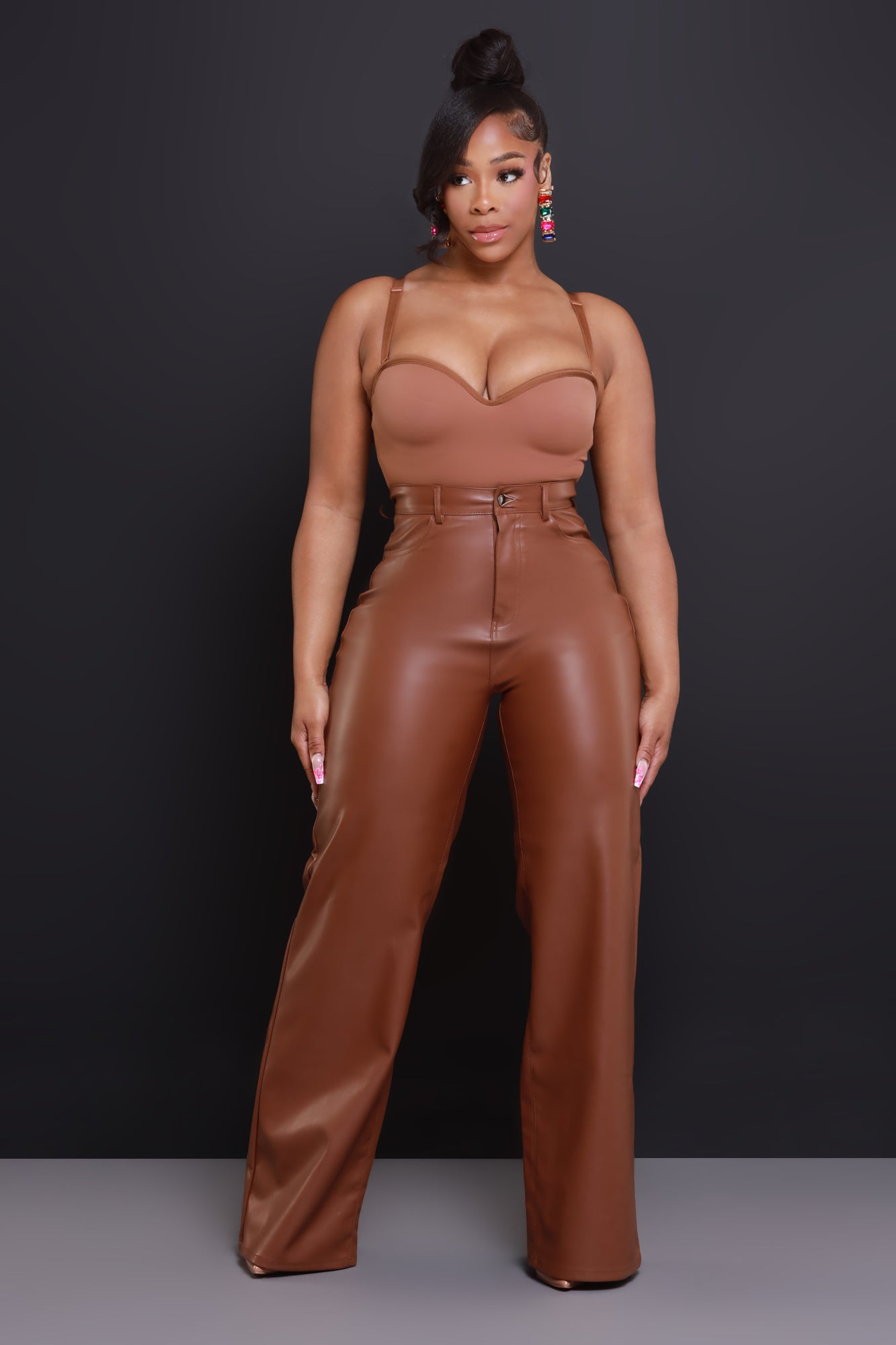 Offline Faux Leather Bootcut Pants - Caramel - Swank A Posh