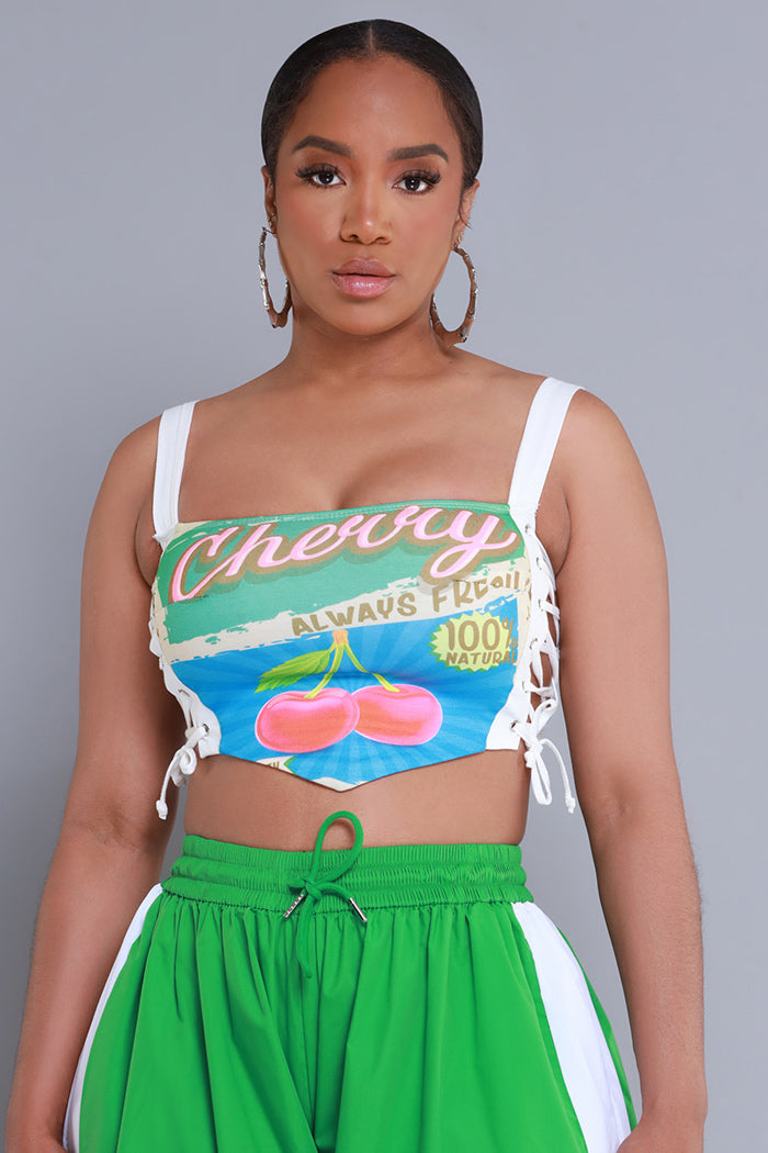 
              Cherry On Top Lace Up Graphic Crop Top - White - Swank A Posh
            