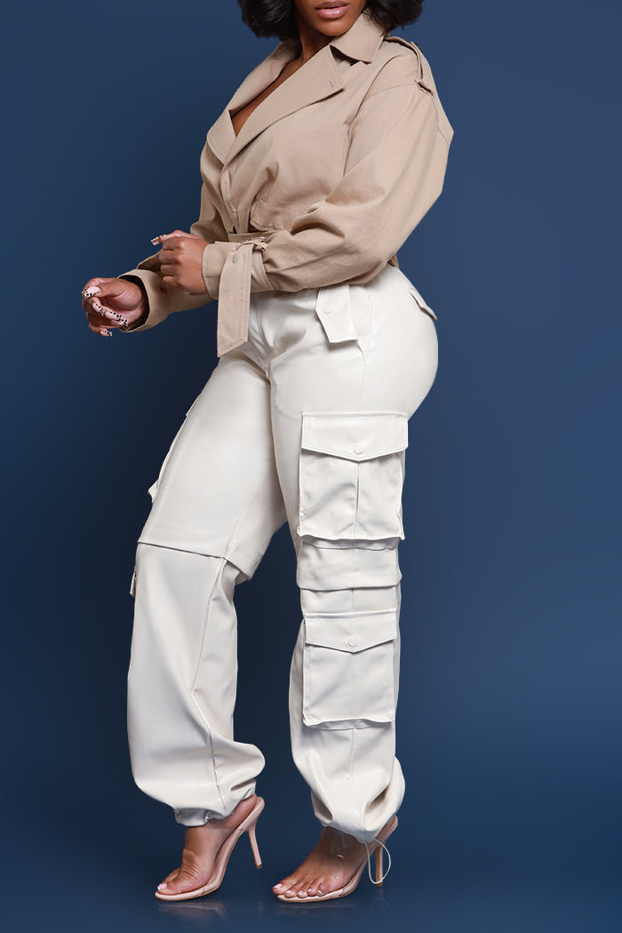 Get A Grip Faux Leather Cargo Pants - Cream - Swank A Posh
