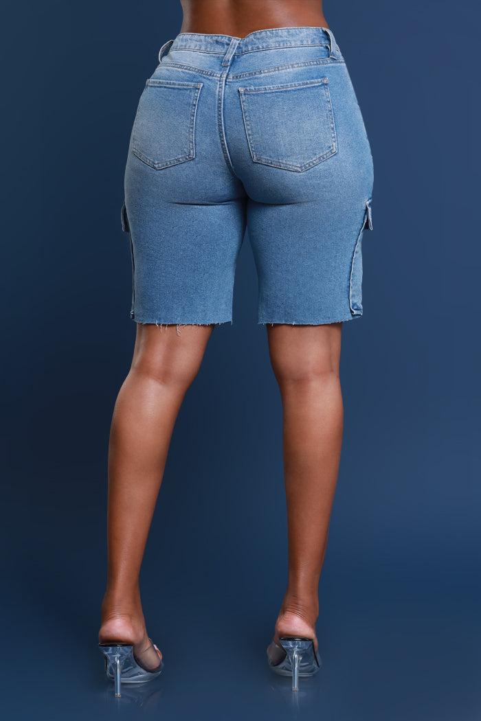 Center Of Attention Denim Cargo Shorts - Medium Wash - Swank A Posh