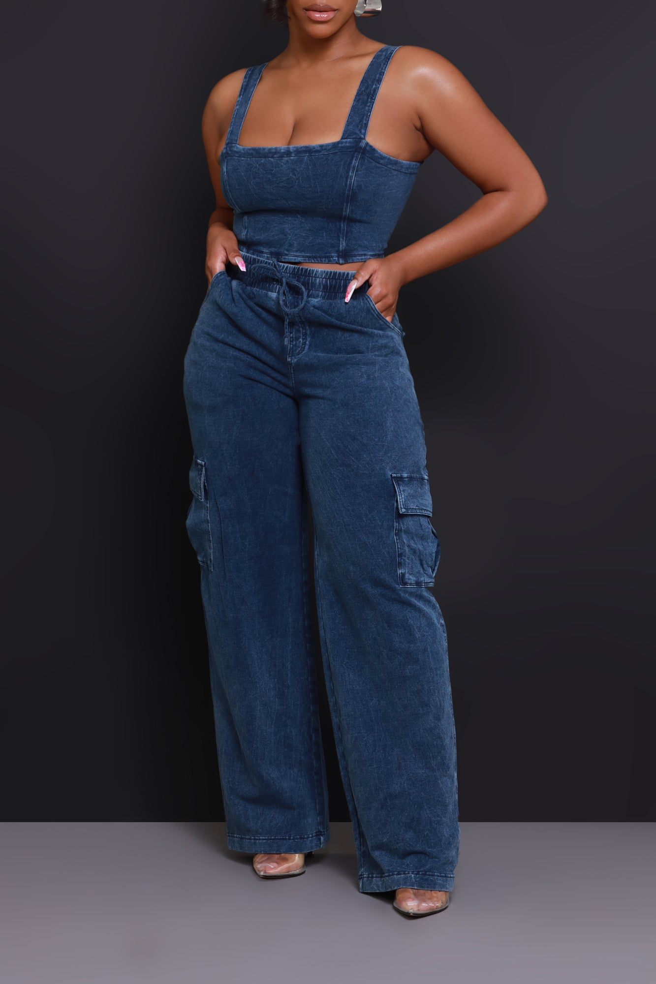 Shift Change High Rise Cargo Pants - Medium Wash - Swank A Posh