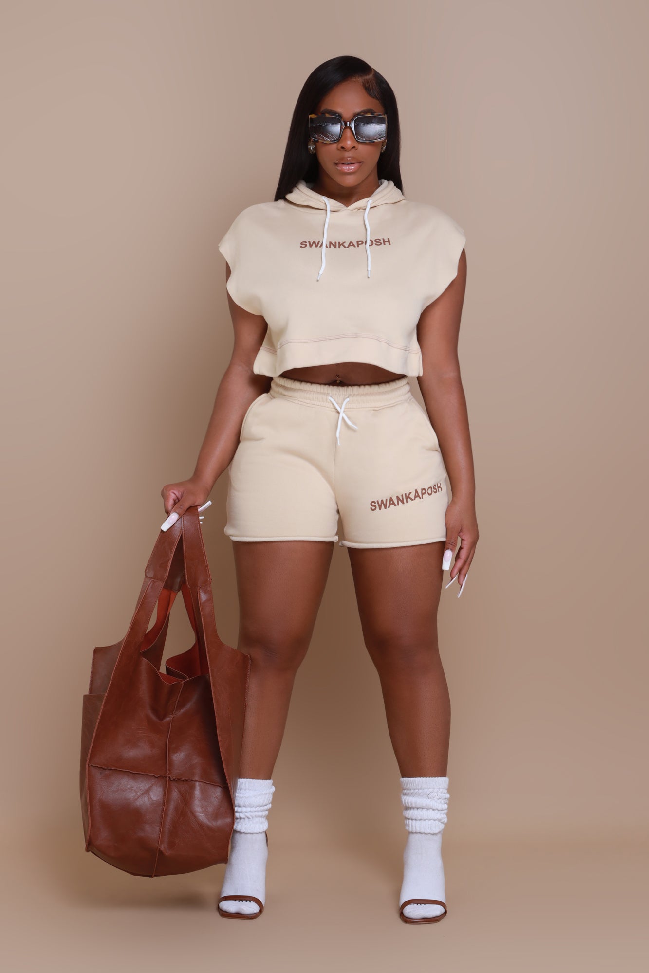 Swankaposh Logo Cropped Sleeveless Hoodie - Khaki/Brown - Swank A Posh