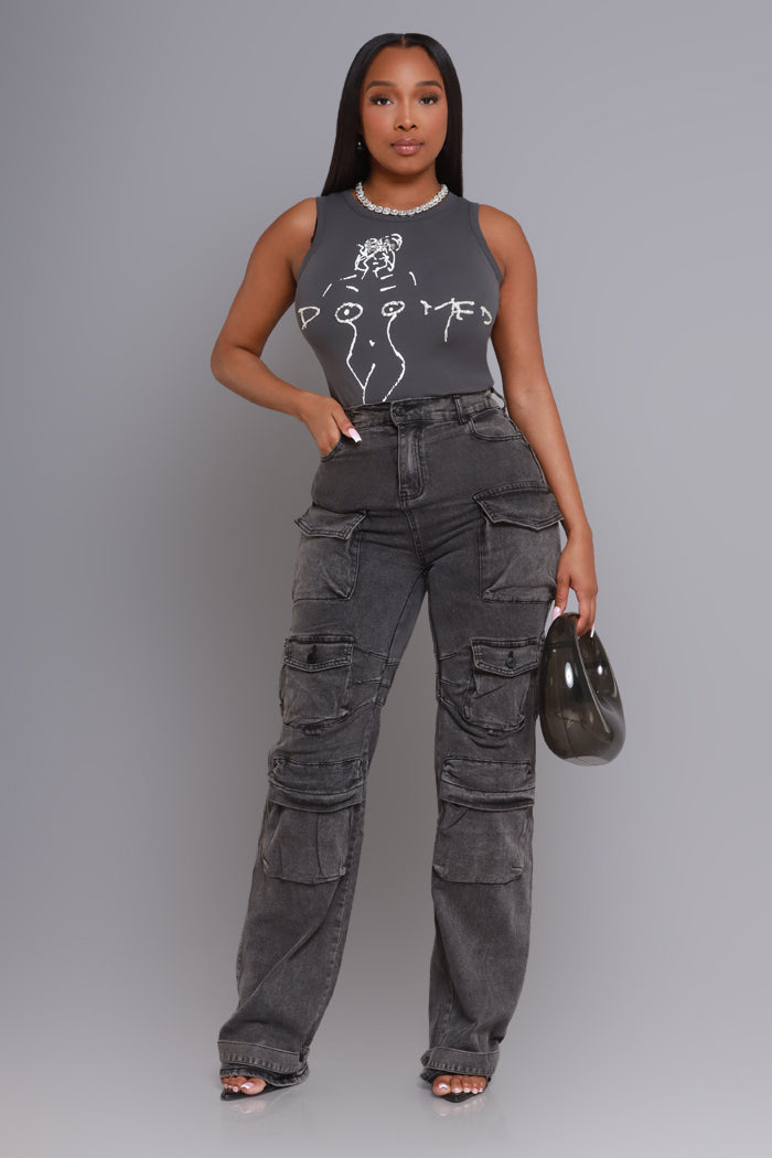 Doomed Graphic Embellished Tank Top - Grey - Swank A Posh