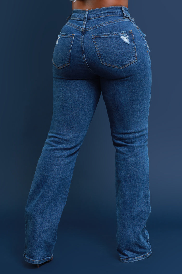 Take The Call High Rise Asymmetrical Bootcut Jeans - Medium Wash - Swank A Posh