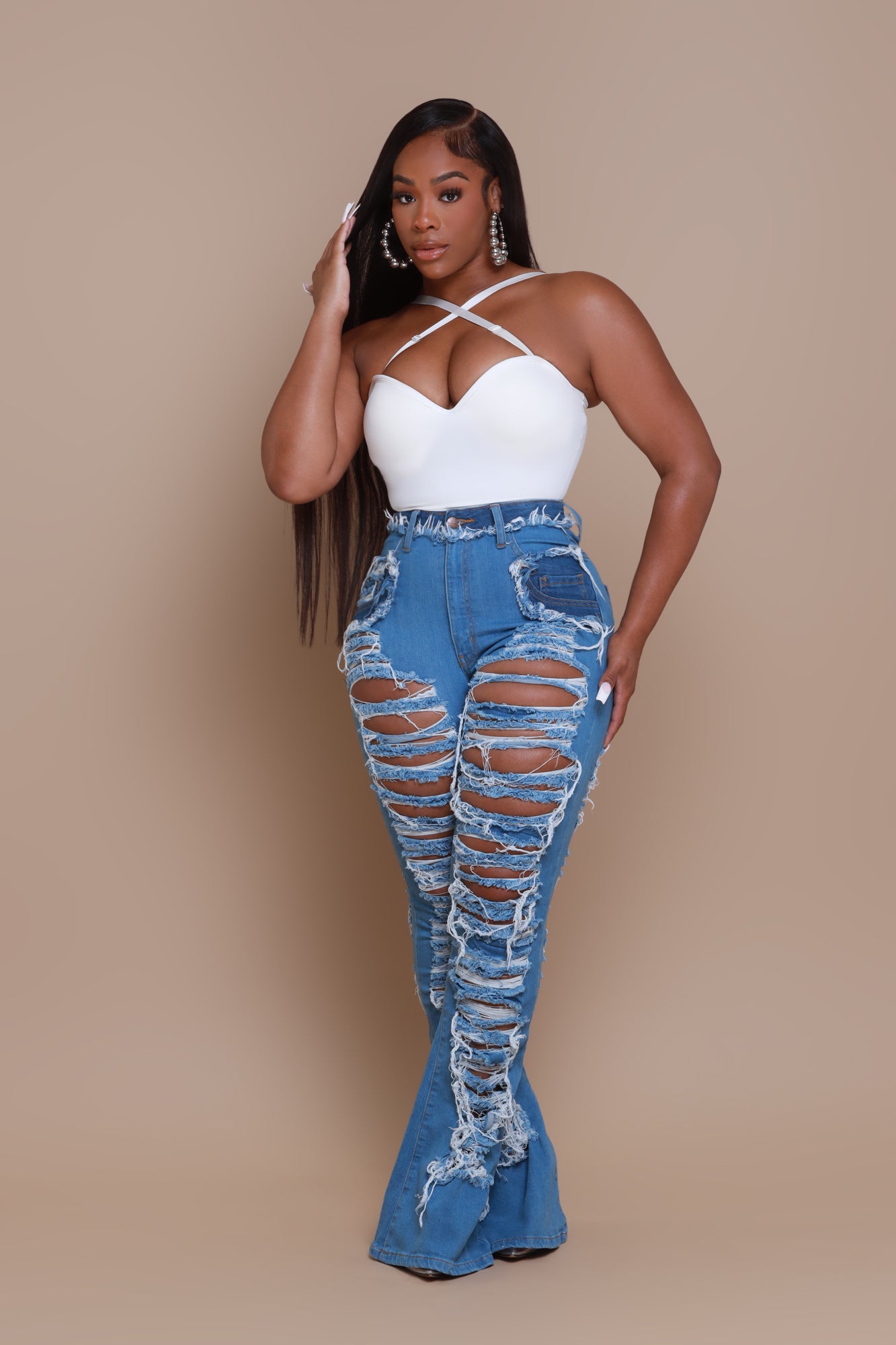 Side Step High Rise Distressed Flare Jeans - Med Wash - Swank A Posh