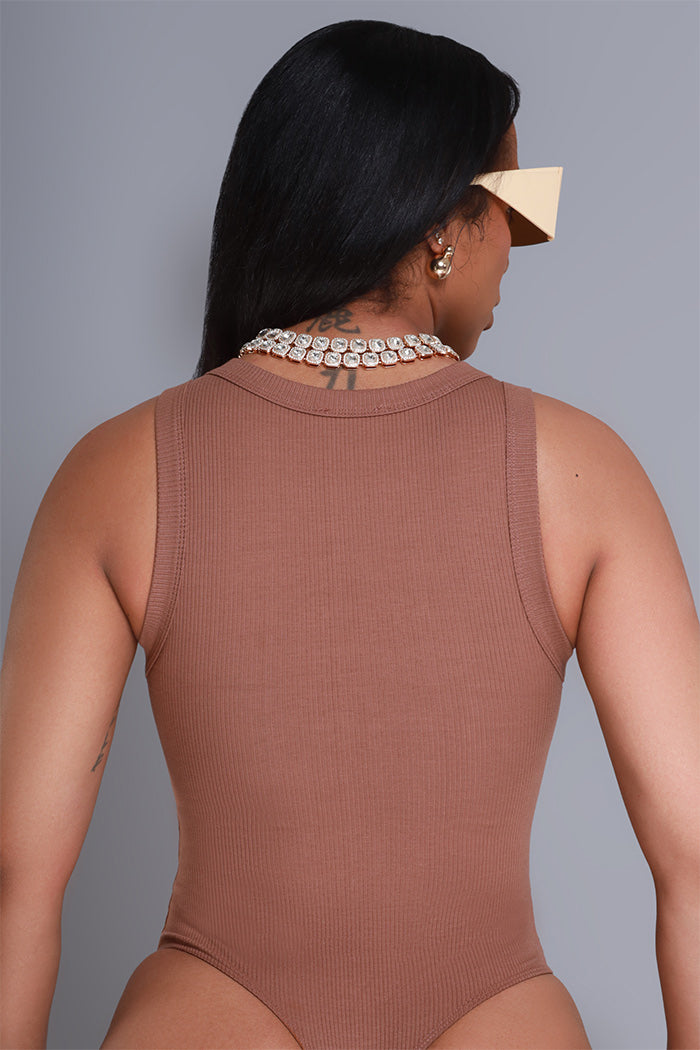 Break Down Cellulite Deleter Sleeveless Ribbed Bodysuit - Carob Brown - Swank A Posh