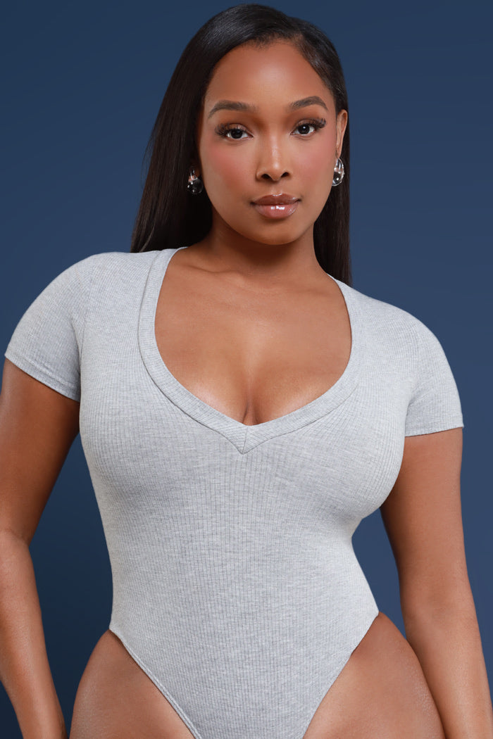Open Book Cellulite Deleter Short Sleeve Bodysuit - Heather Grey - Swank A Posh