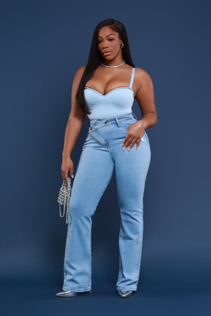Take The Call High Rise Asymmetrical Bootcut Jeans - Light Wash - Swank A Posh