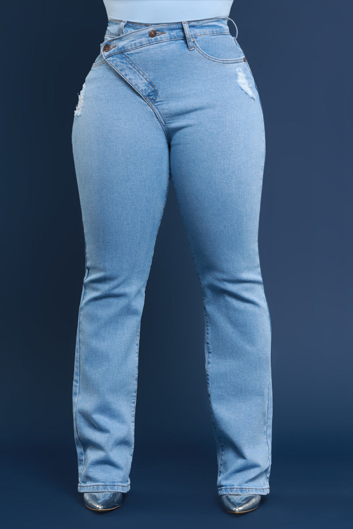 Take The Call High Rise Asymmetrical Bootcut Jeans - Light Wash - Swank A Posh
