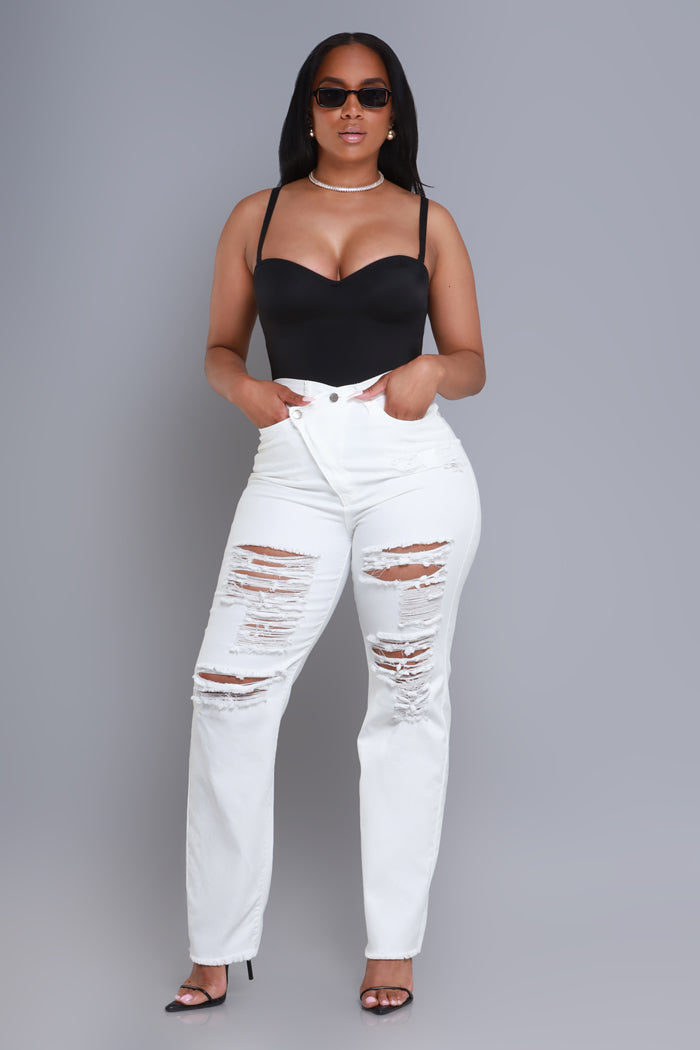 Limitless Asymmetrical Zip Bootcut Jeans - White - Swank A Posh