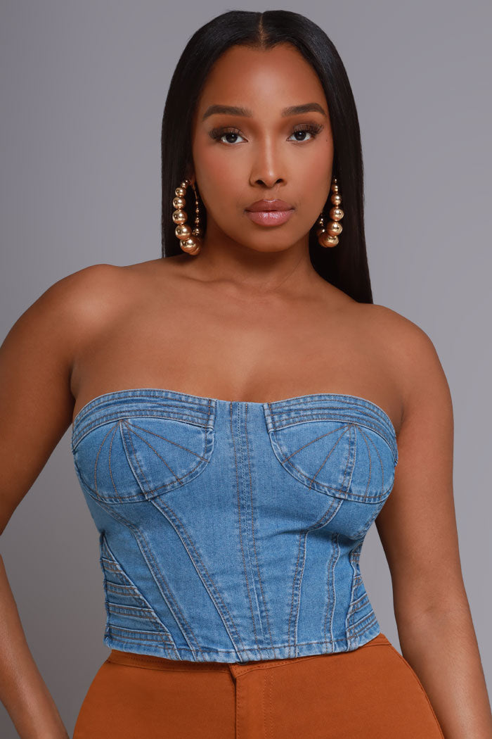 Kinda Crazy Denim Corset Top - Light Wash - Swank A Posh