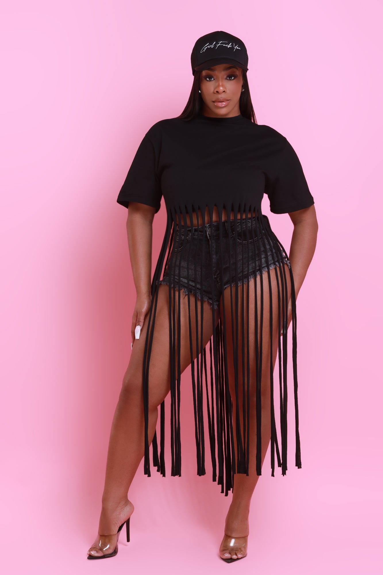 Strings Attached Short Sleeve Longline Fringe Top - Black - Swank A Posh