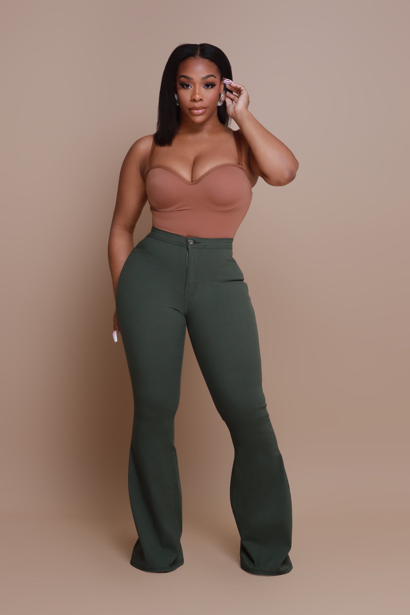 Fit & Flare Super Stretchy High Rise Jeans - Olive - Swank A Posh