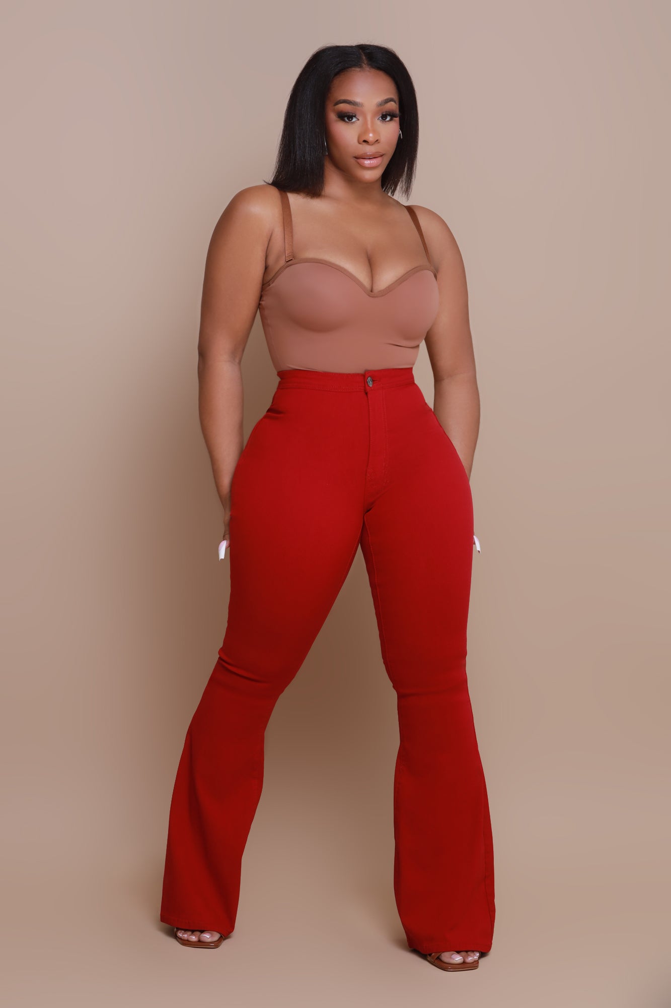 Fit & Flare Super Stretchy High Rise Jeans - Burgundy - Swank A Posh