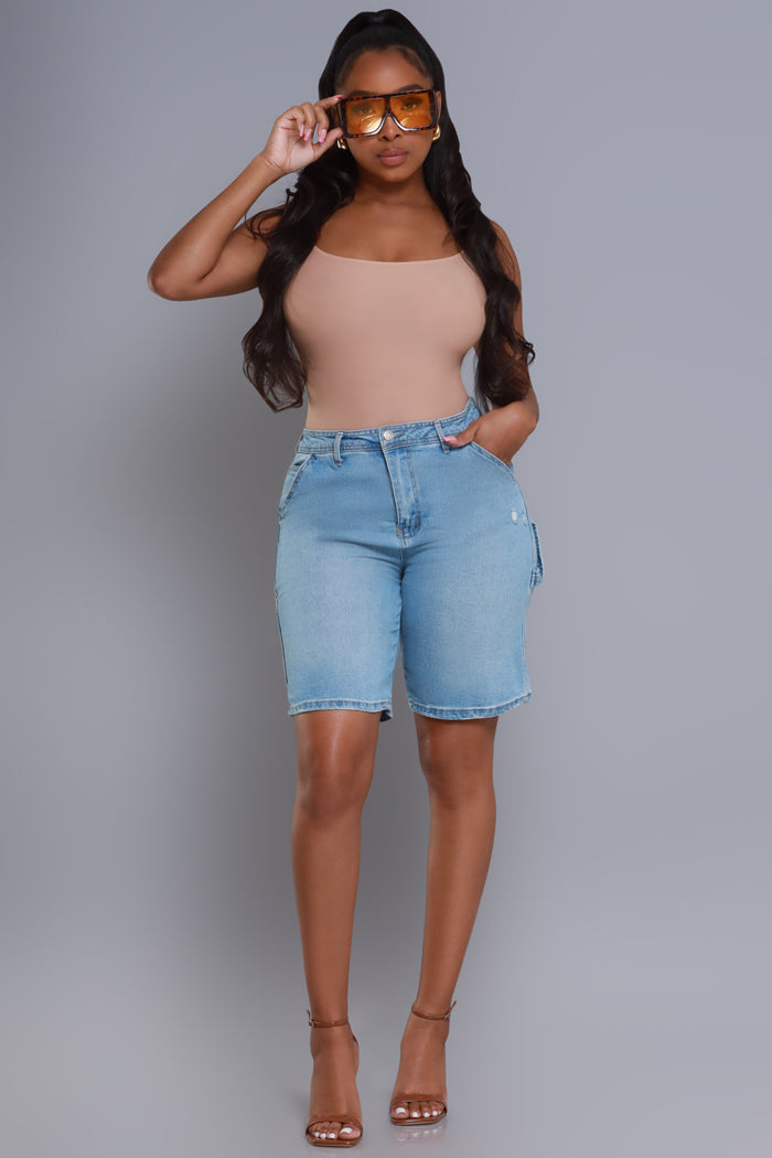 Plea Deal High Rise Denim Carpenter Shorts - Med Wash - Swank A Posh