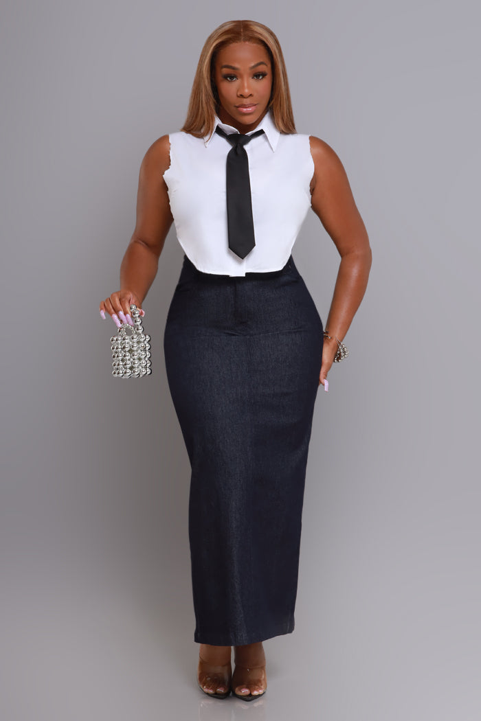 Put It Down Denim Maxi Skirt - Dark Wash