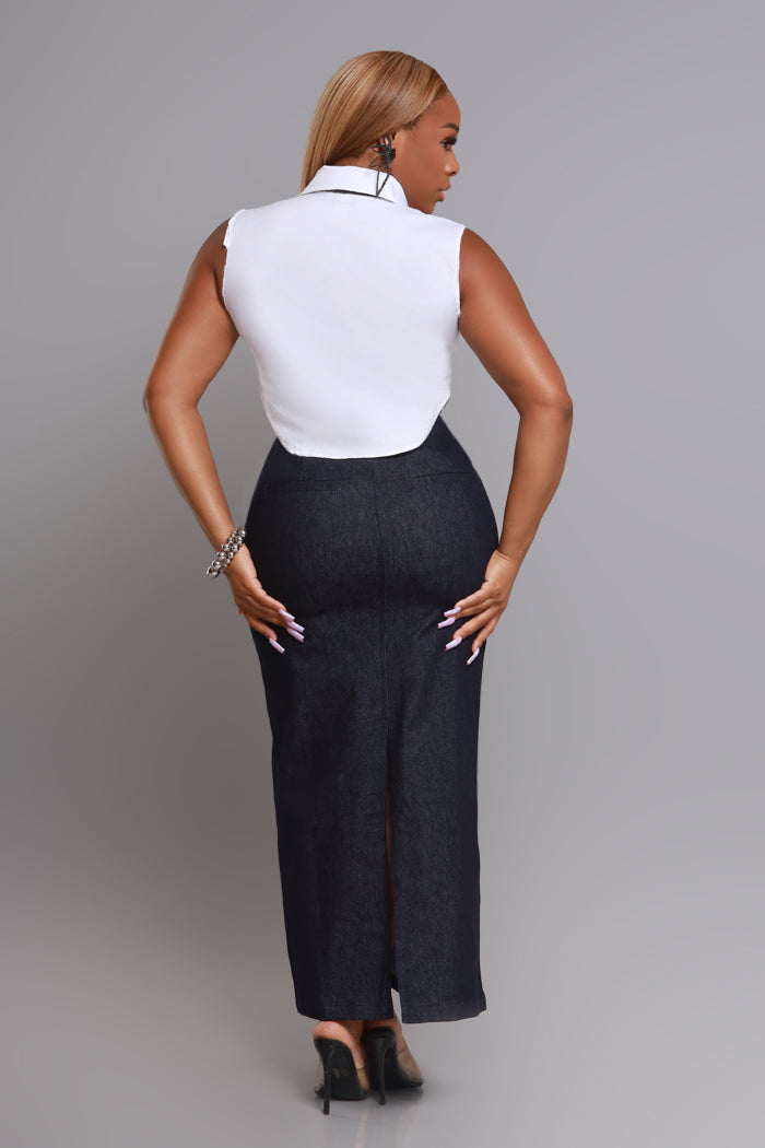 Put It Down Denim Maxi Skirt - Dark Wash