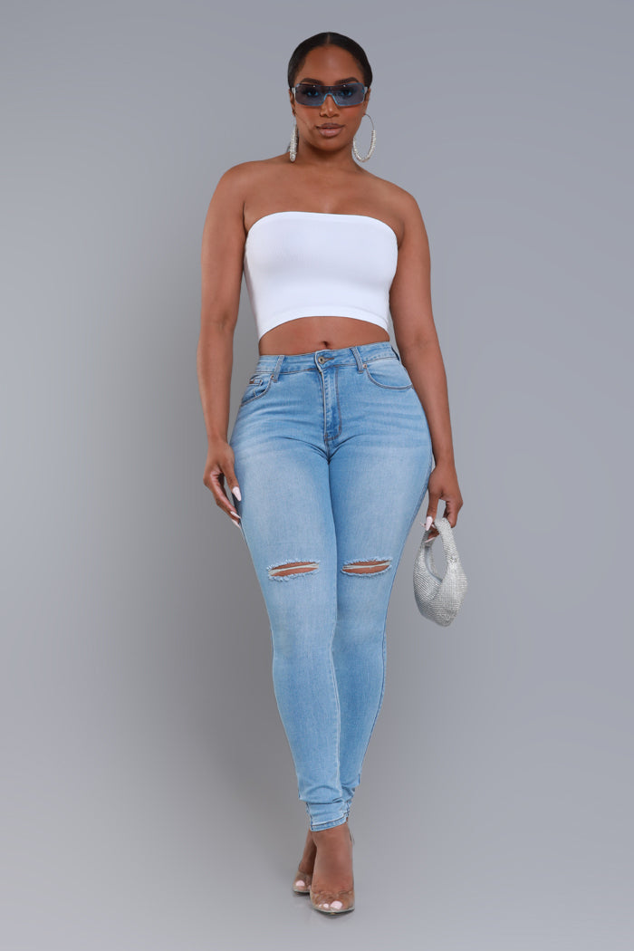 Steal The Show Hourglass High Rise Ripped Stretchy Jeans - Light Wash - Swank A Posh