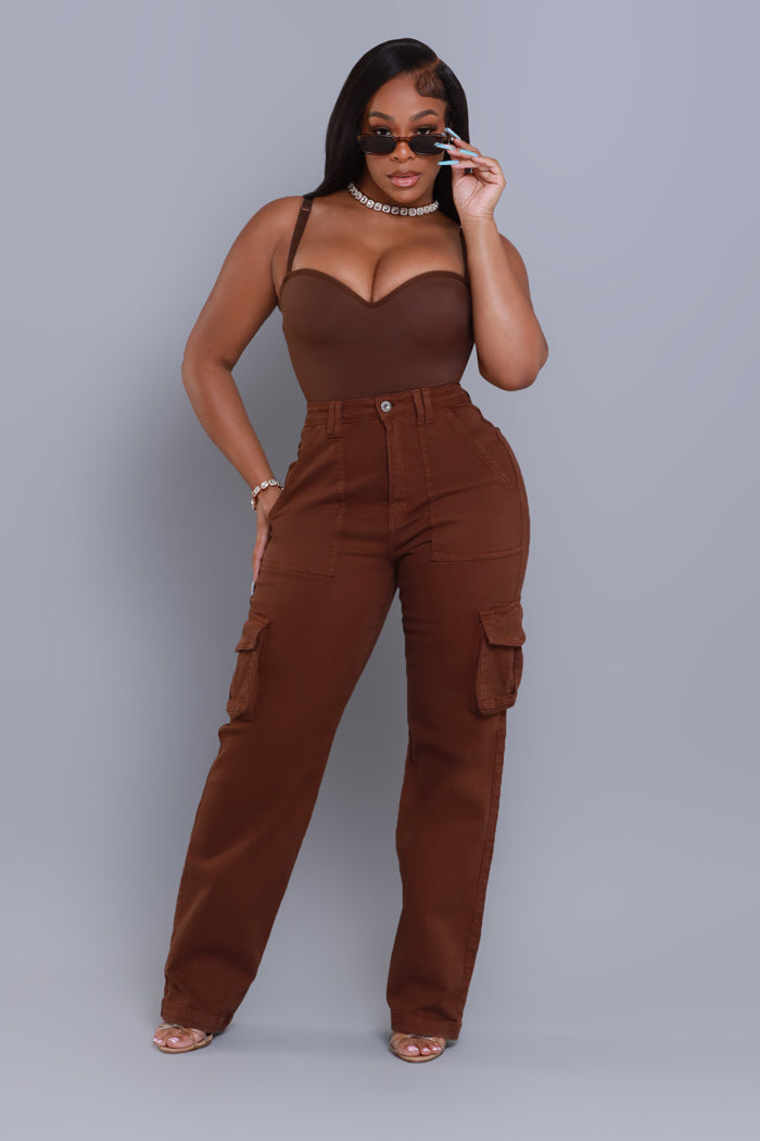 Add It Up High Rise Cargo Pants - Chocolate - Swank A Posh