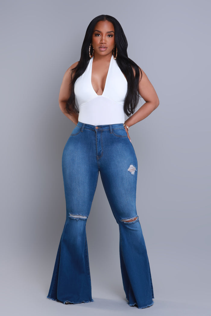 Frontline High Rise Frayed Bell Bottom Jeans - Mid Wash - Swank A Posh