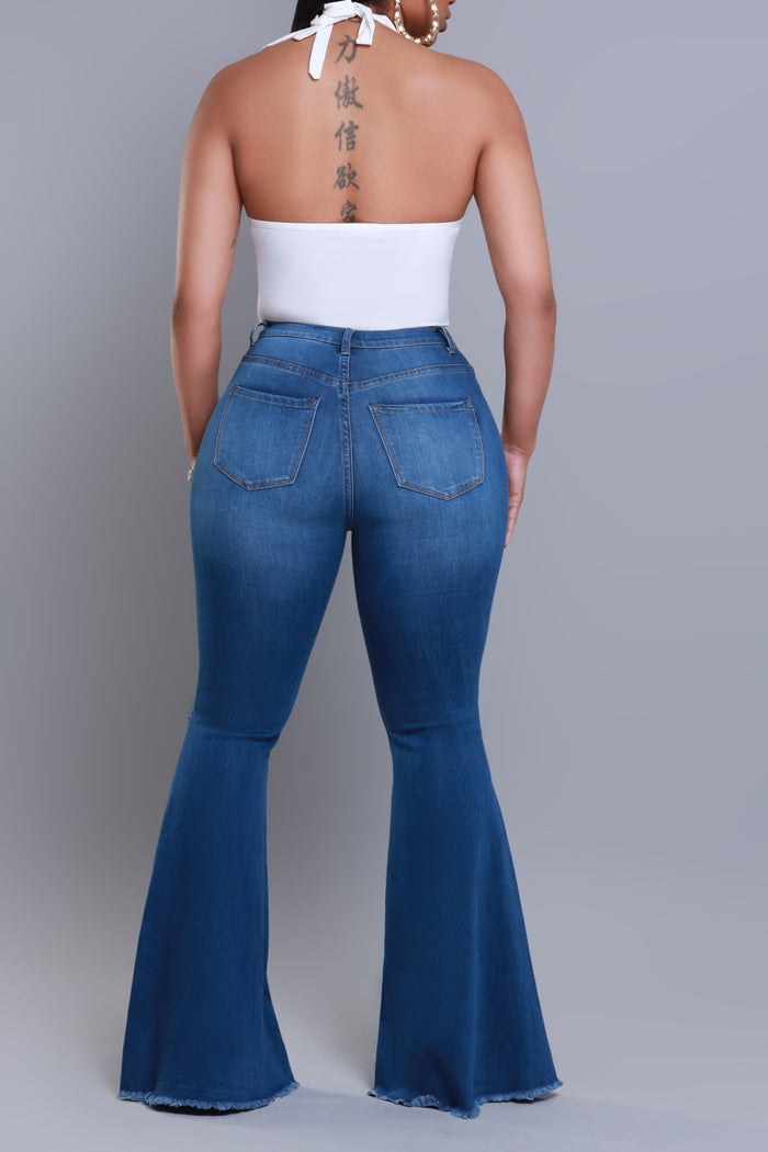 Frontline High Rise Frayed Bell Bottom Jeans - Mid Wash - Swank A Posh