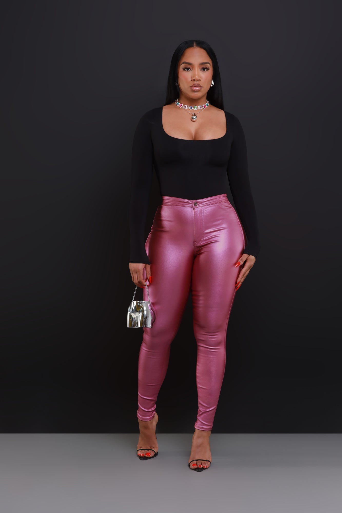 Coming In Hot High Rise Metallic Skinny Pants - Dark Pink - Swank A Posh