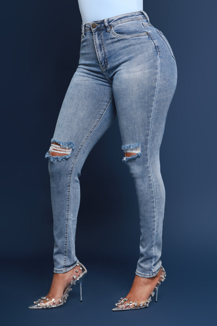 Side Piece High Rise Ripped Skinny Jeans - Light Wash - Swank A Posh