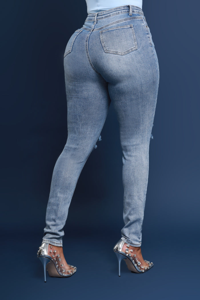 Side Piece High Rise Ripped Skinny Jeans - Light Wash - Swank A Posh