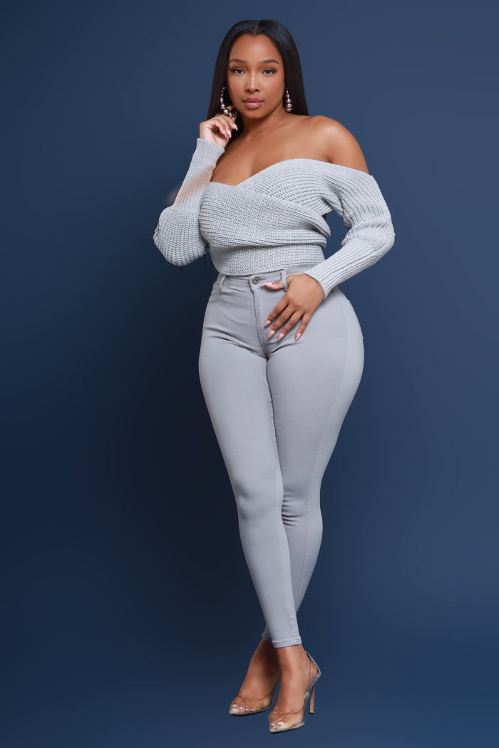 Super Swank High Rise Belt Loop Stretchy Skinny Jeans - Light Grey - Swank A Posh