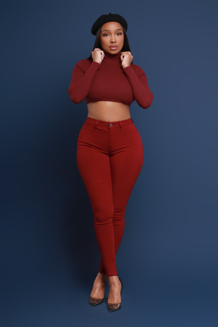Super Swank High Rise Belt Loop Stretchy Skinny Jeans - Wine - Swank A Posh