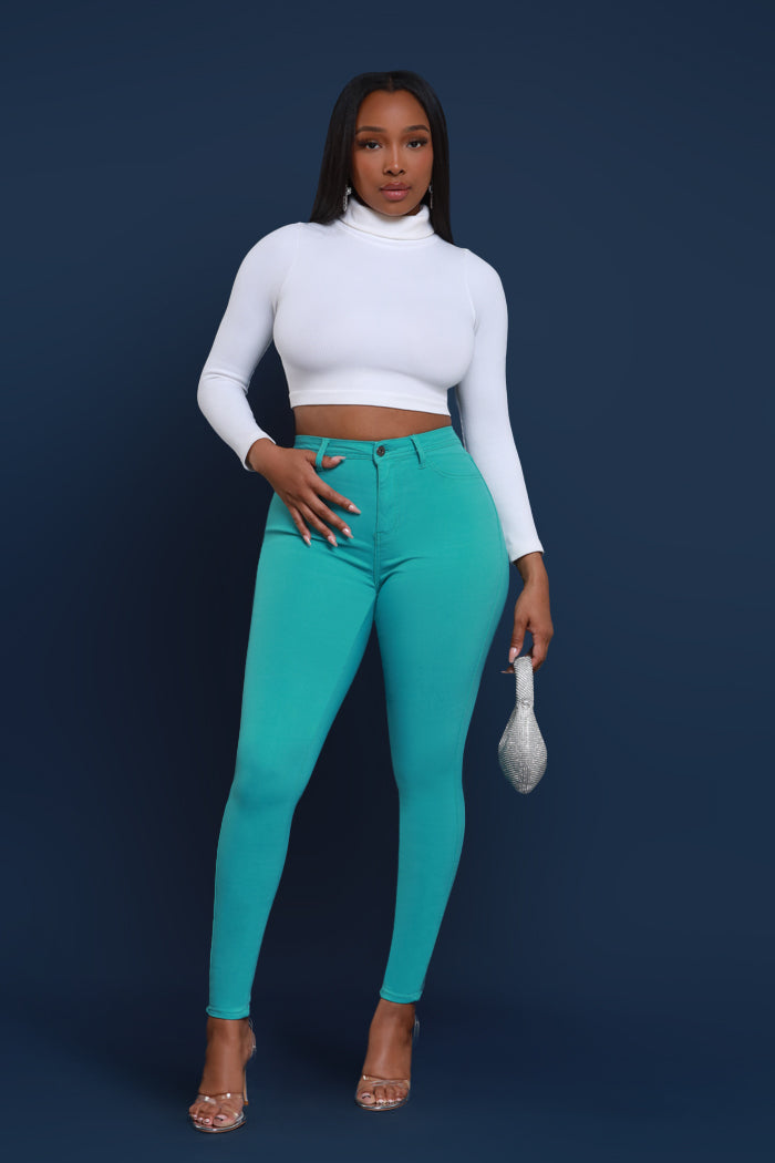 Super Swank High Rise Belt Loop Stretchy Skinny Jeans - Turquoise Blue - Swank A Posh