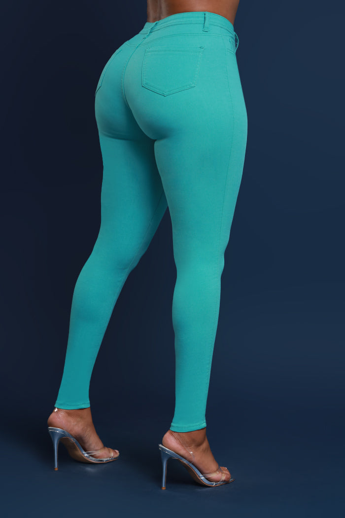 Super Swank High Rise Belt Loop Stretchy Skinny Jeans - Turquoise Blue - Swank A Posh