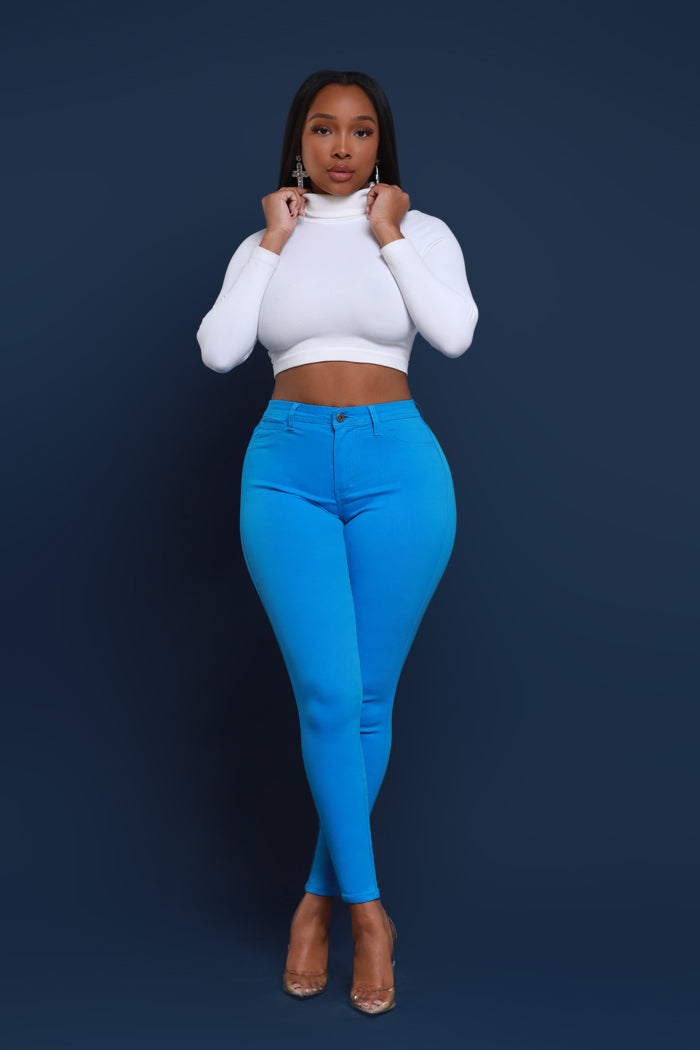 Super Swank High Rise Belt Loop Stretchy Skinny Jeans - Ocean Blue - Swank A Posh