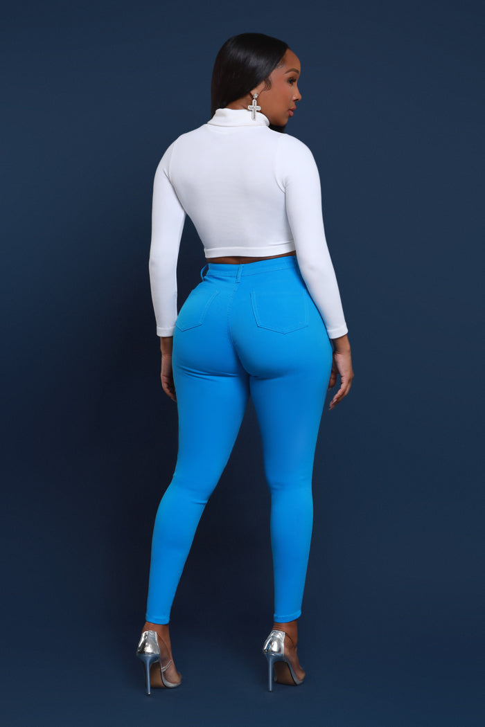 Super Swank High Rise Belt Loop Stretchy Skinny Jeans - Ocean Blue - Swank A Posh