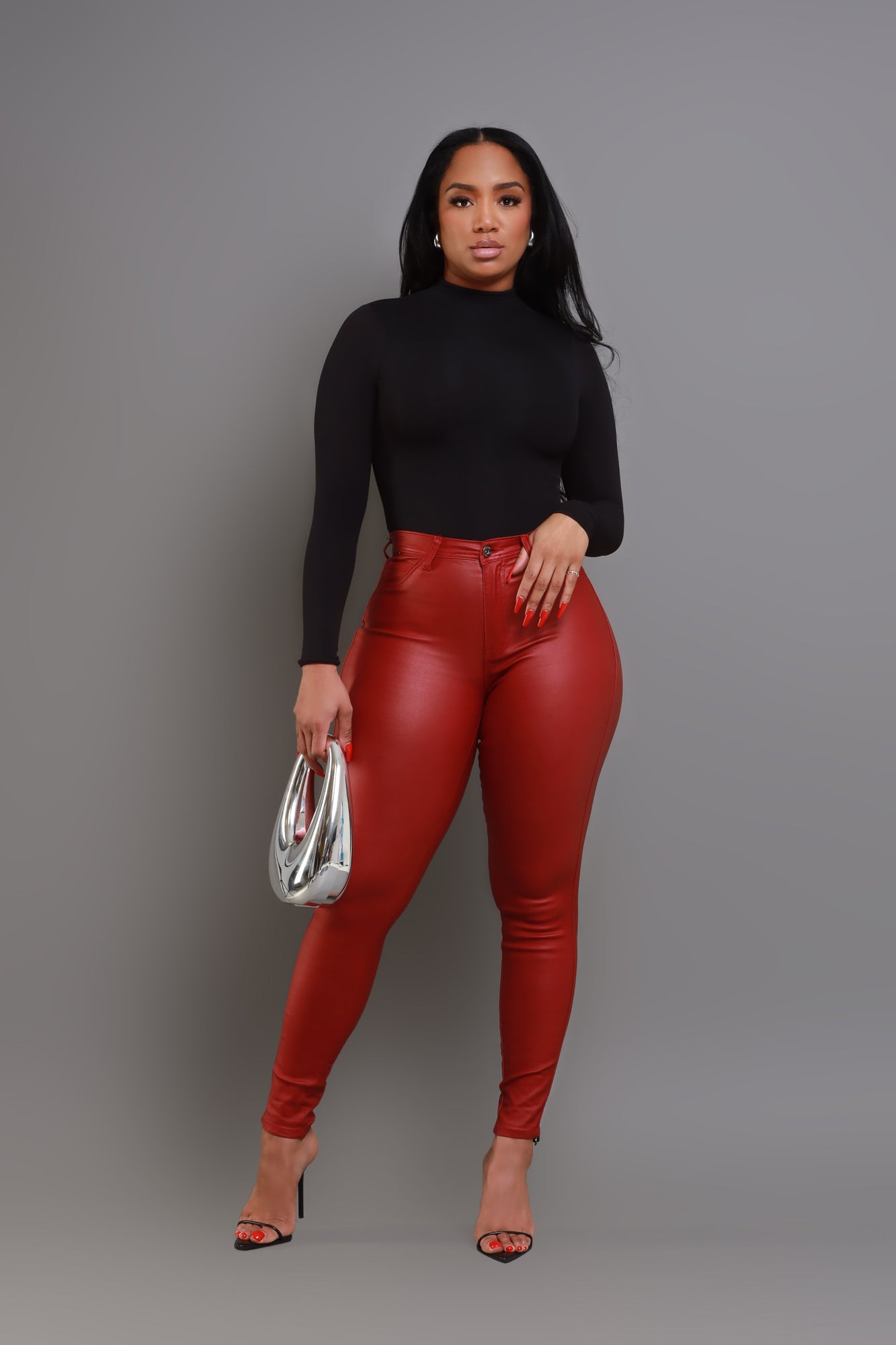 Plus Size Faux Leather High Waisted Leggings - Red