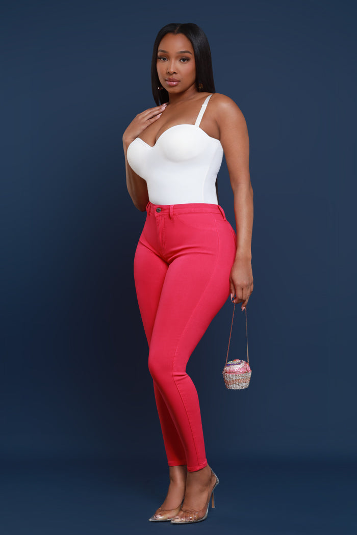 Super Swank High Rise Belt Loop Stretchy Skinny Jeans - Fuchsia - Swank A Posh