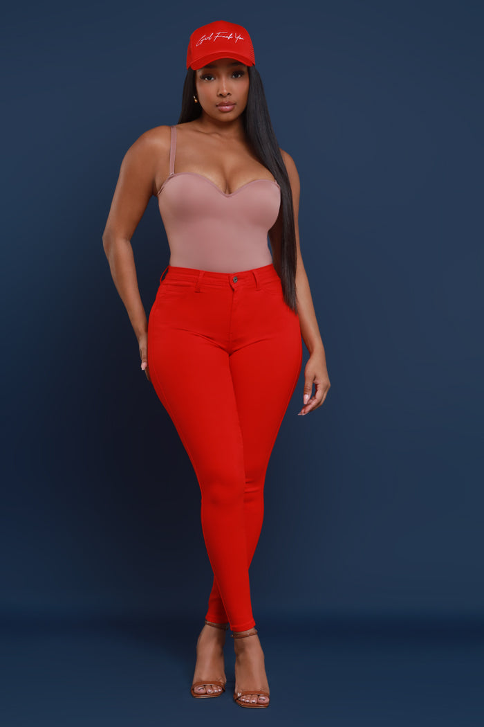 Super Swank High Rise Belt Loop Stretchy Skinny Jeans - Red - Swank A Posh