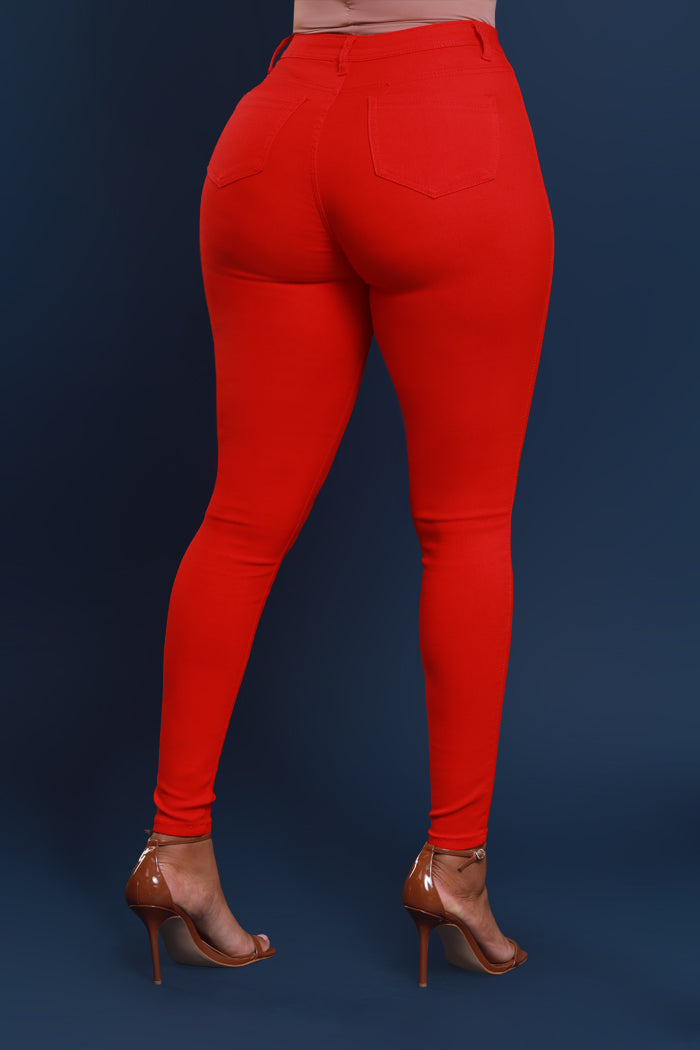 Super Swank High Rise Belt Loop Stretchy Skinny Jeans - Red