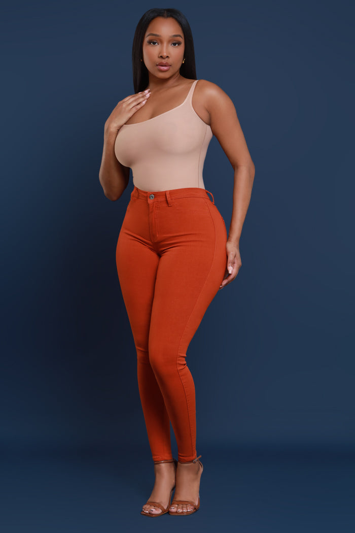 Super Swank High Rise Belt Loop Stretchy Skinny Jeans - Rust - Swank A Posh