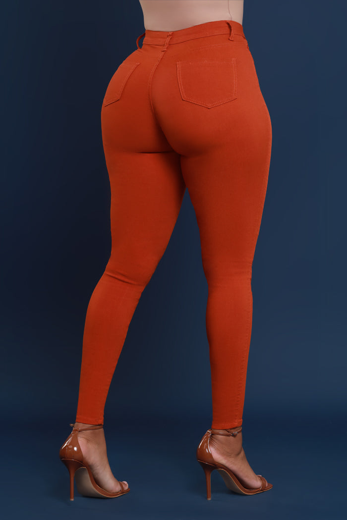 Super Swank High Rise Belt Loop Stretchy Skinny Jeans - Rust - Swank A Posh