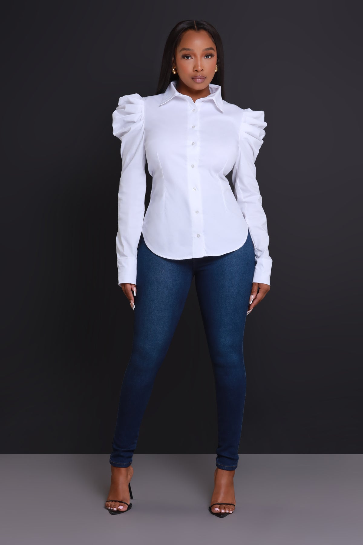 
              Lady Power Shoulder Button Up Blouse - White
            