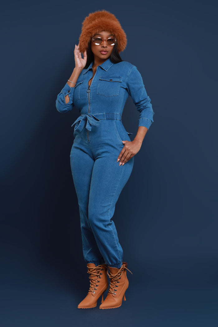 Go Around Stretchy Denim Jumpsuit - Mid Wash - Swank A Posh