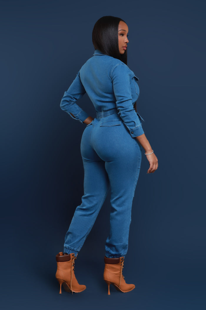 Go Around Stretchy Denim Jumpsuit - Mid Wash - Swank A Posh