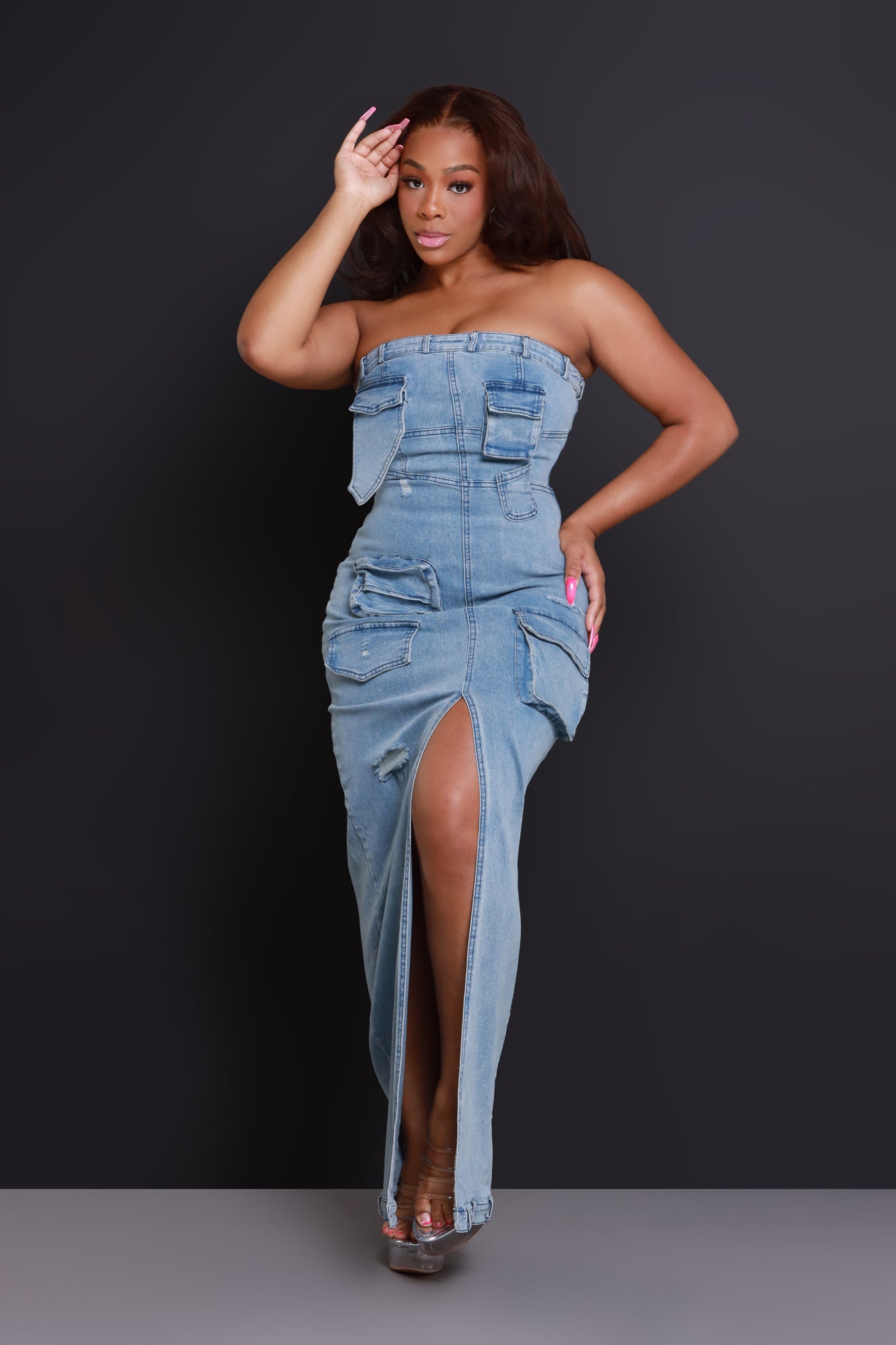 Mic Check Denim Cargo Maxi Dress - Light Wash Mic Check Denim Cargo Maxi Dress - Light Wash