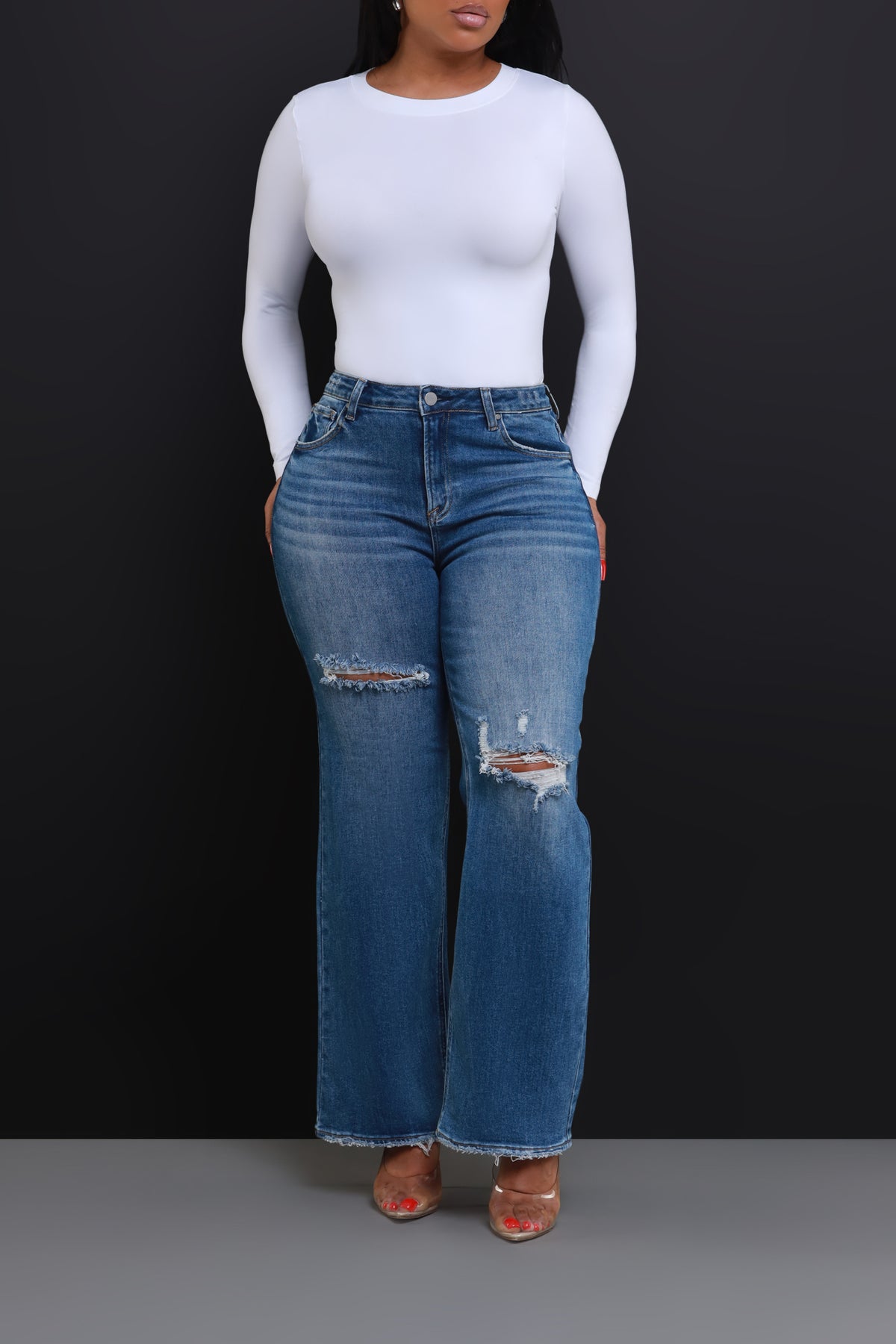 
              This Real High Rise Distressed Wide Leg Jeans - Dark Wash - Swank A Posh
            