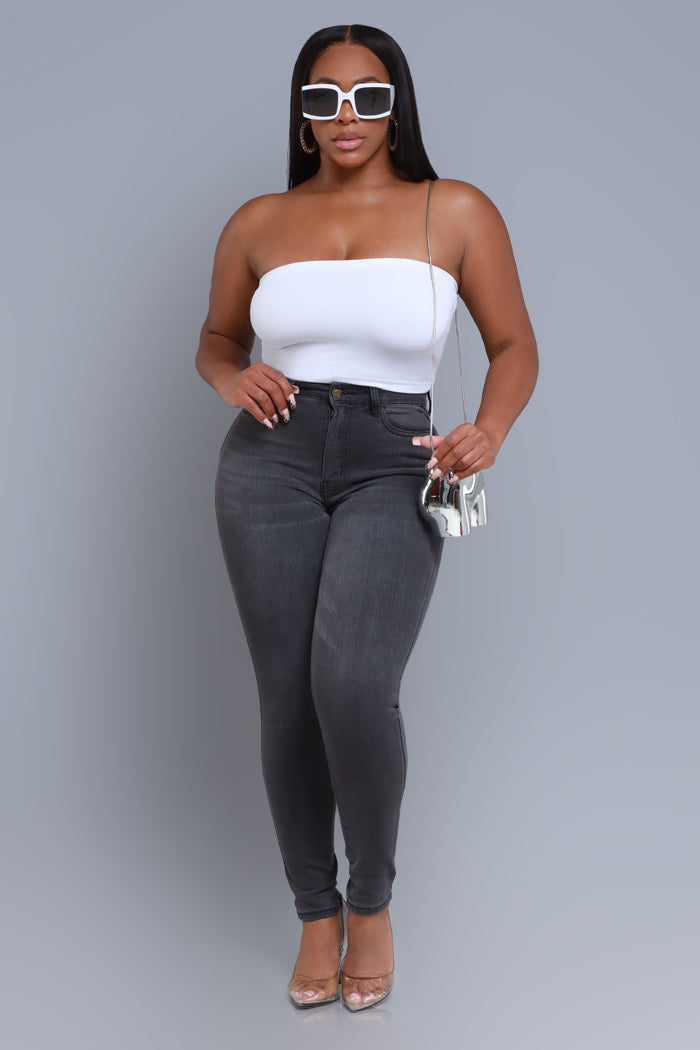 Sorry For You High Rise Fitted Skinny Jeans - Charcoal Grey - Swank A Posh