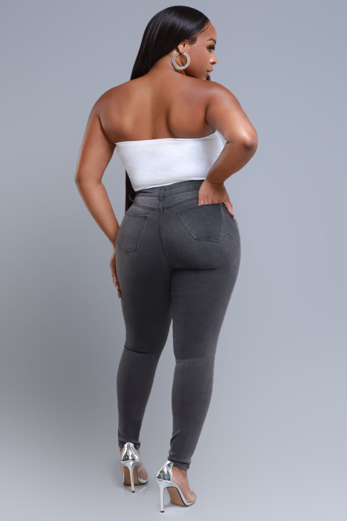 Sorry For You High Rise Fitted Skinny Jeans - Charcoal Grey - Swank A Posh